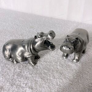 Pottery Barn Silver Tone Metal Hippo Salt & Pepper Shakers House Hippos